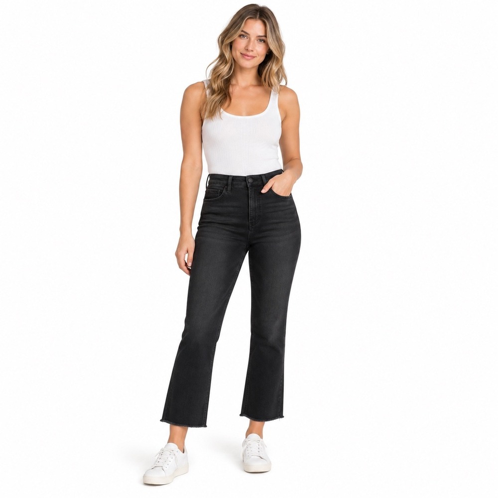 NEW VERVET Bella Size 29 Black High Rise Flare Stretch Jeans Raw Hem V2520